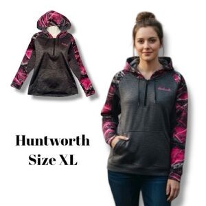 Huntworth Hoodie Pink Gray Camo Fleece Lined 1/2 Zip Pullover Women's XL